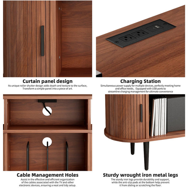 English Elm Large Mid Century Walnut Turntable Stand with Vinyl Storage and Built in Usb Charging W2641P442531