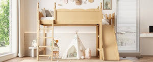English Elm Twin Loft Bed Solid Pine Frame with Wardrobe Shelving Detachable Slide Kids Room Natural W5305S00022