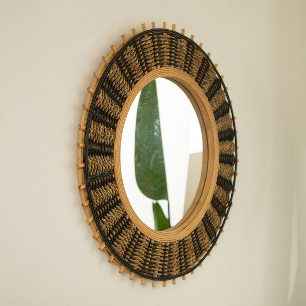 English Elm 23'' Echo Mirror Bamboo Round Wall Mirror with Handwoven Yellow & Black Hemp Rope Accent, Eco Chic Decor W2615P346485