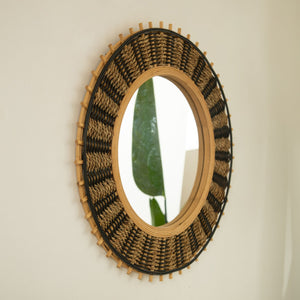 English Elm 23'' Echo Mirror Bamboo Round Wall Mirror with Handwoven Yellow & Black Hemp Rope Accent, Eco Chic Decor W2615P346485