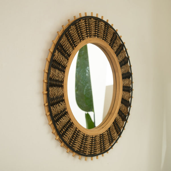 English Elm 23'' Echo Mirror Bamboo Round Wall Mirror with Handwoven Yellow & Black Hemp Rope Accent, Eco Chic Decor W2615P346485