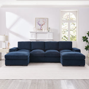 English Elm 122"l Corduroy Sectional with Dual Ottomans Modular U-shape Sofa for Modern Living Dark Blue W1669S00046