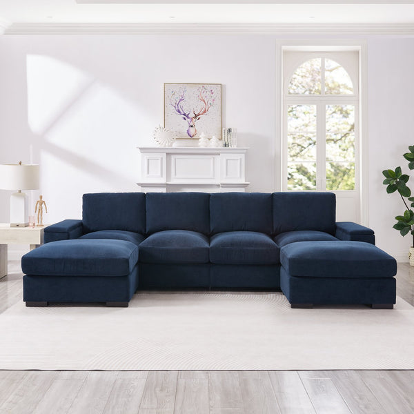 English Elm 122"l Corduroy Sectional with Dual Ottomans Modular U-shape Sofa for Modern Living Dark Blue W1669S00046