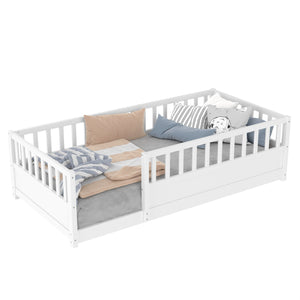 English Elm Twin Montessori Floor Bed Solid Pine Frame with Safety Fence Door for Kids Play Space White W1858P382398