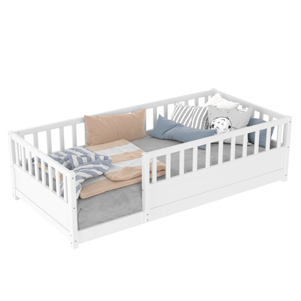 English Elm Twin Montessori Floor Bed Solid Pine Frame with Safety Fence Door for Kids Play Space White W1858P382398