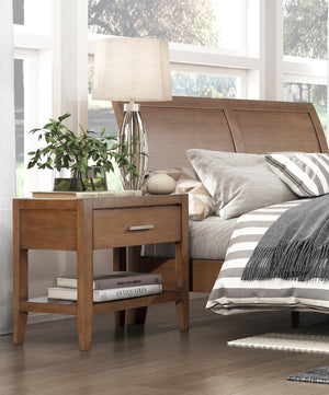 English Elm Transitional Evans Nightstand Light Brown Wire-Brush Finish with Drawer & Open Shelf, Antique Brass Accents B011P286827