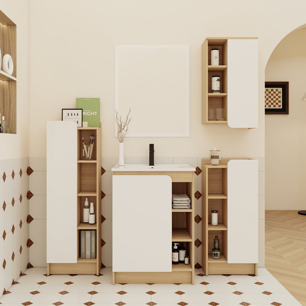 English Elm 4-piece Light Oak Bathroom Set with Ceramic Sink and Dual-tone Storage Cabinets W3450S00112