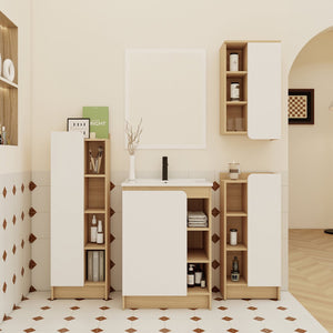 English Elm 4-piece Light Oak Bathroom Set with Ceramic Sink and Dual-tone Storage Cabinets W3450S00112