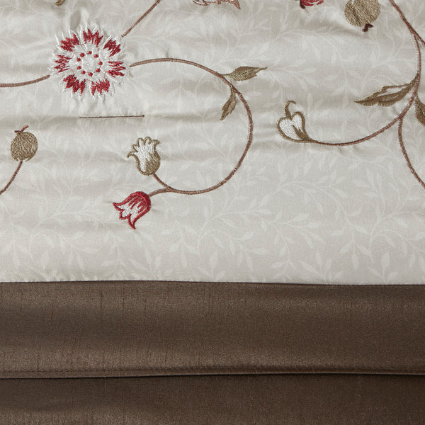 English Elm Embroidered Serene 7-Piece Queen Comforter Set in Red Chocolate Ivory – Shiny Dupioni, Floral Elegance B03596918