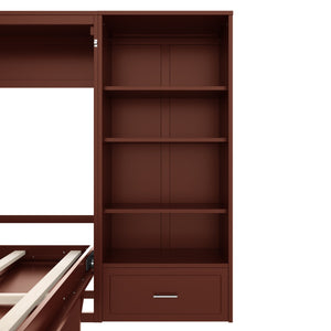 English Elm Queen Murphy Wall Bed with Folding Platform Side Cabinet Drawer and Adjustable Shelves Walnut N733S407545D