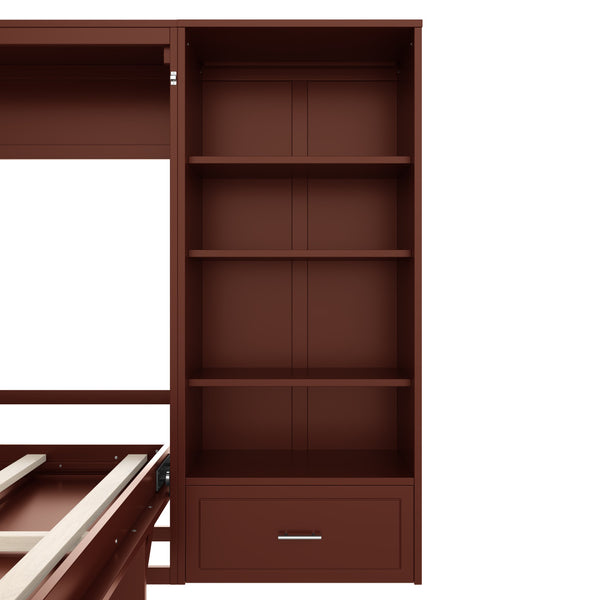 English Elm Queen Murphy Wall Bed with Folding Platform Side Cabinet Drawer and Adjustable Shelves Walnut N733S407545D
