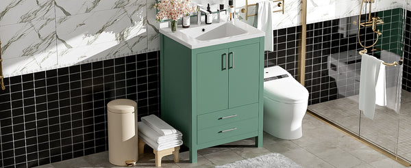 English Elm 24'' Green Bathroom Vanity with Ceramic Sink Combo — Modern Freestanding MDF & Solid Wood Storage, Soft-Close Doors, Silver Handles N710P228364F