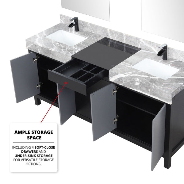 English Elm Black Double Bath Vanity 72" W With Castle Grey Marble Top, Matte Black Faucets & 28" Mirrors Set B2731S01158