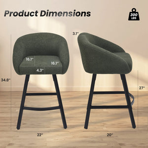 English Elm Bar Upholstered Counter Stool Set of 2 with Back and Armrests, Velvet Seat, 27" Comfort Height, Durable Green T3623P407972