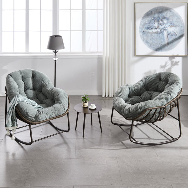 English Elm Outdoor Rattan Oversized Rocking Egg Chair with Padded Velvet Cushion, Sturdy Steel Frame, Light Green W640P271523
