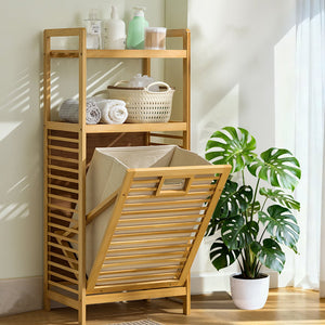 English Elm Laundry Hamper Bamboo Two Tier Tilt Out Basket with Open Shelves for Organized Homes W2641P460020