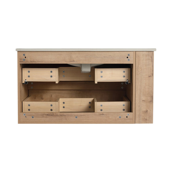 English Elm 36" Wall Mounting Bathroom Vanity With Ceramic Sink, Side Adjustable Shelf, Soft-Close Drawers, Water-Resistant Plywood Finish W999S00142