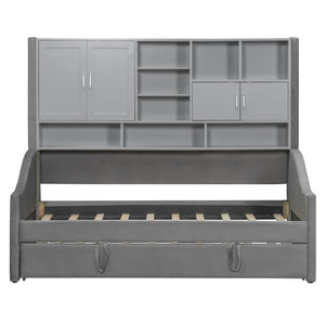 English Elm Twin Upholstered Daybed with LED Armrest Lighting, Hidden Storage Shelves & Lift-Up Pull-Out Trundle Gray SF000198AAE