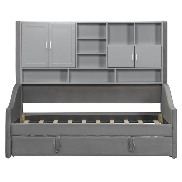 English Elm Twin Upholstered Daybed with LED Armrest Lighting, Hidden Storage Shelves & Lift-Up Pull-Out Trundle Gray SF000198AAE