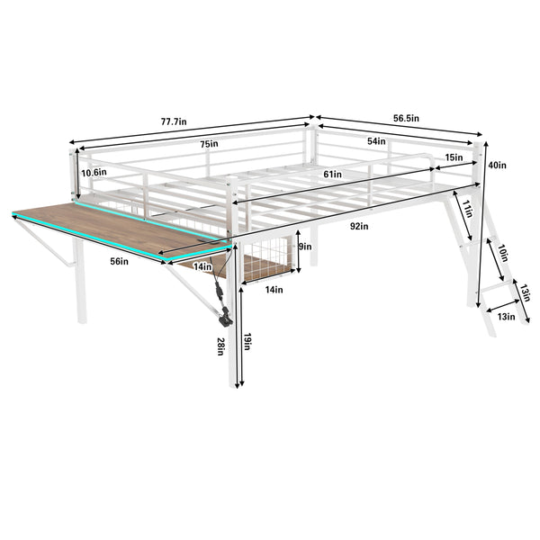 English Elm Full Size Steel Loft Bed with Integrated Desk Led Lighting and Under Bed Storage White W1935P463341