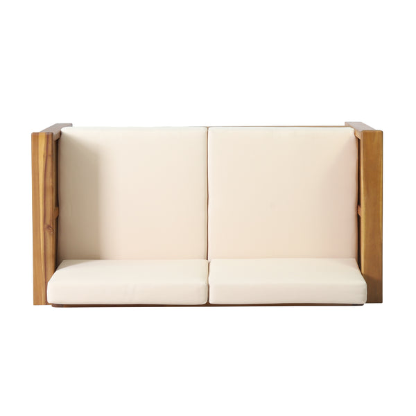 English Elm Christopher Knight Home® - Teak Acacia Wood 4-Piece Outdoor Chat Set with Water-Resistant Cream Cushions, Shutter Slat Design 70692.00-2_70844.00