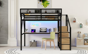 English Elm Full Loft Bed with Desk and Charging Station, Metal Loft with Stairs, Wardrobe, Shelves & Light Black W2580S00047
