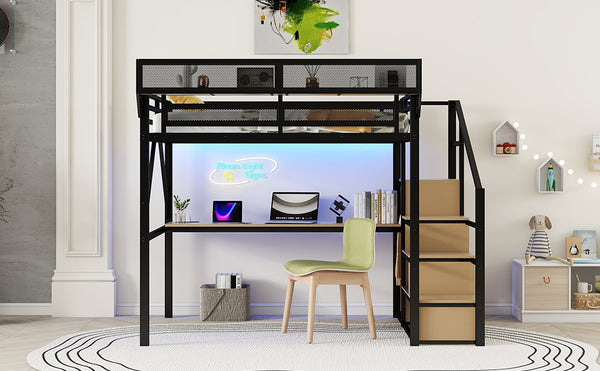 English Elm Full Loft Bed with Desk and Charging Station, Metal Loft with Stairs, Wardrobe, Shelves & Light Black W2580S00047