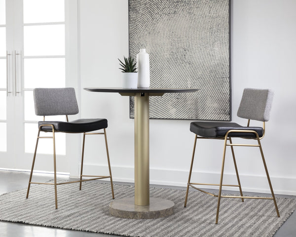 Sunpan Brinley Modern Barstool with Gold Stainless Steel Legs and Chic Black Faux Leather & Grey Fabric Seat Counter Height