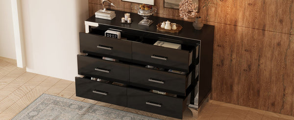 English Elm Elegant High Gloss Dresser with Metal Handles and Mirrored Panels, 6-Drawer Space-Saving Storage Solution Black 55.71 L x 19.29 W x 10.63 H N733P205355B