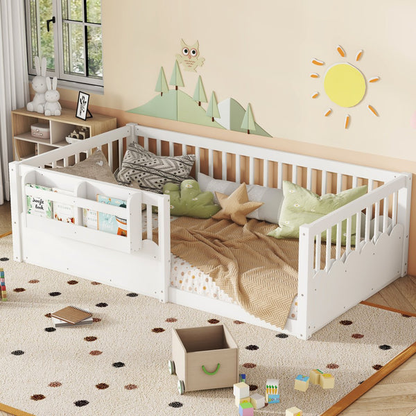 English Elm Twin Low Profile Kids Floor Bed Pine Wood Frame with Safety Rail and Built in Bookshelf White W1580P373134