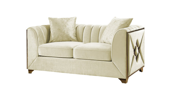 English Elm Velencia 3Pc Cream Velvet Living Room Set with Gold X Inlay, Tufted Cushions & Solid Wood Frame B009S01944