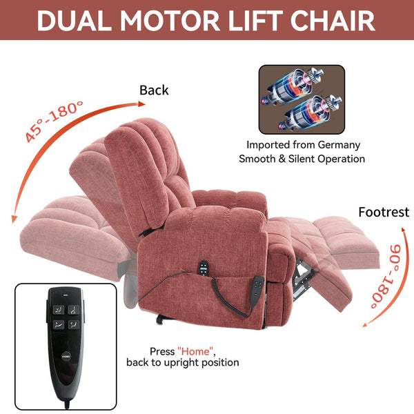 English Elm Dual Motor Power Lift Recliner Chenille Chair with Massage Heat and Infinite Positions Red W3224P288311