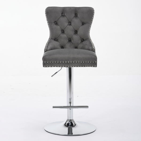 English Elm Thick Velvet Swivel Barstools Adjustable 25-33" Height with 17.7" Chrome Base, Tufted Diamond Pleat Elegance Gray W1143P335043