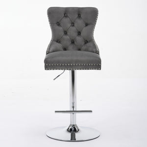 English Elm Thick Velvet Swivel Barstools with 17.7" Chrome Base, Tufted Diamond Pleating, Comfort Foam Seats Gray W1143P335043