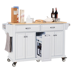 English Elm Kitchen Island Rubber Wood Countertop Mobile Cart with Towel & Spice Racks, Drawers, Storage Wheels White W914P147990