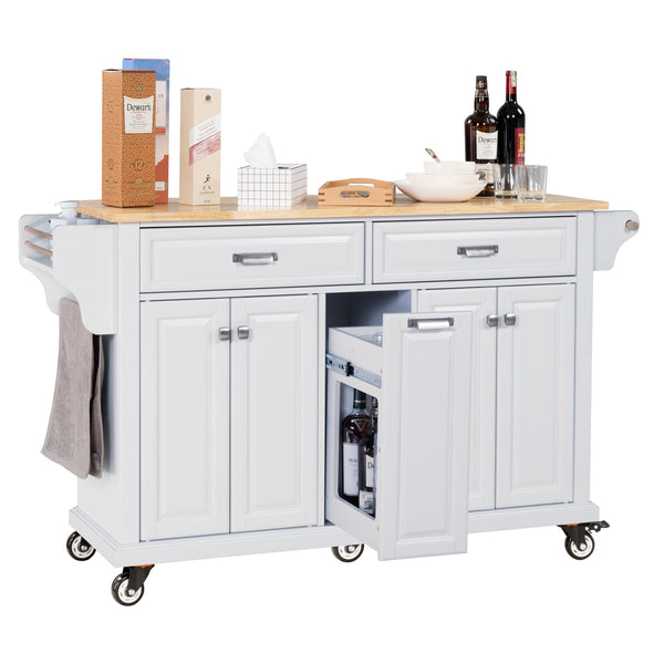English Elm Kitchen Island Rubber Wood Countertop Mobile Cart with Towel & Spice Racks, Drawers, Storage Wheels White W914P147990