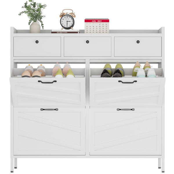 English Elm Metal Powder Coated Steel Shoe Cabinet Slim Entryway Organizer with Seven Drawers White T2398P413026