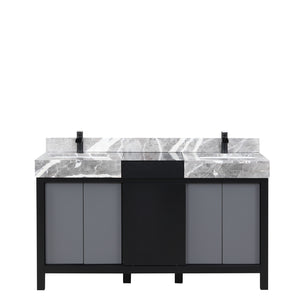 English Elm Black Double Bath Vanity 60" W With Castle Grey Marble Top, Matte Black Faucet Set & Ample Storage B2731P261107