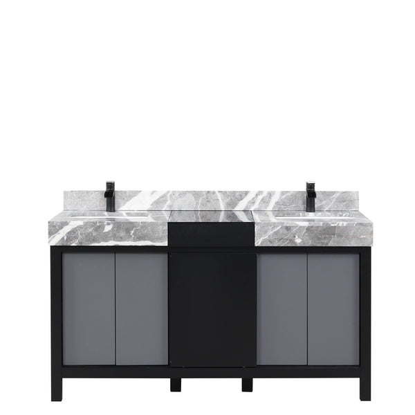 English Elm Black Double Bath Vanity 60" W With Castle Grey Marble Top, Matte Black Faucet Set & Ample Storage B2731P261107