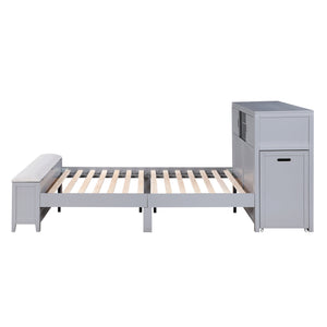 English Elm Gray Twin Platform Bed with Bookcase Headboard Hidden Desk Stool and Footboard Bench Gray B011S02323