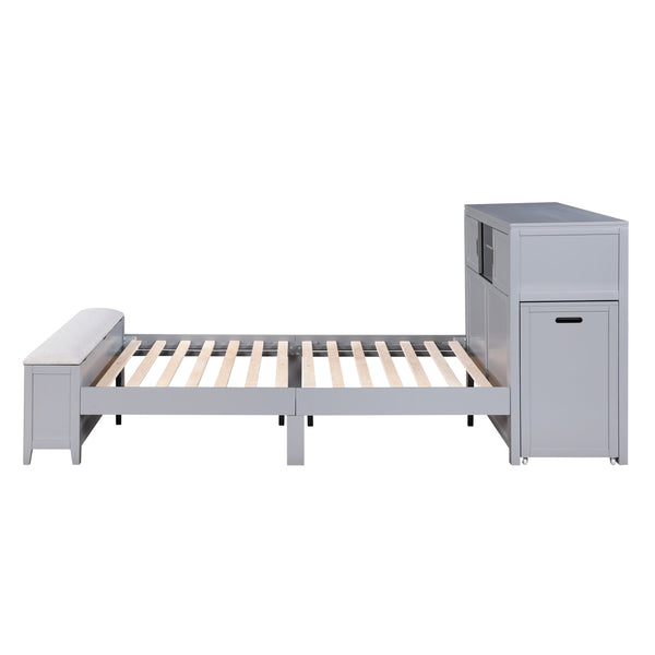English Elm Gray Twin Platform Bed with Bookcase Headboard Hidden Desk Stool and Footboard Bench Gray B011S02323