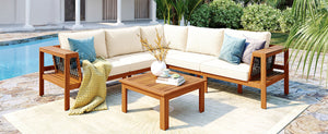 English Elm <old Old Sku Acacia Wood L-shaped Patio Sectional with Woven Rope Armrests Resort Cushioned Set Beige,Teak N704F201249N