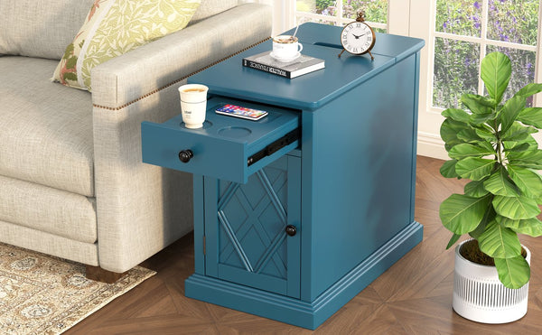English Elm U-can Acacia Wood End Table with Usb Charging Station Drawer and Cabinet Storage Navy Blue N724P353565M
