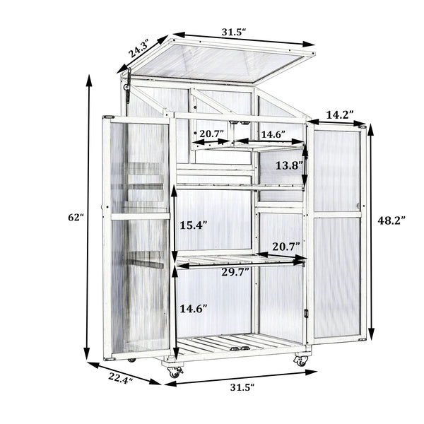 English Elm Topmax Fir Wood Portable Greenhouse with Polycarbonate Panels Adjustable Shelves and Casters N717P221494F