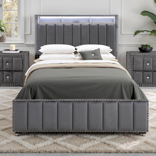 English Elm Beautiful Upholstered Full Bed with Led Lighting Storage Shelves and Channel Tufted Headboard Dark Gray B2741S00772