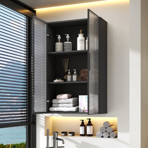 English Elm Wall Mounted Glass Door Cabinet Black Metal Frame Modern Storage for Bath or Kitchen W331P382347