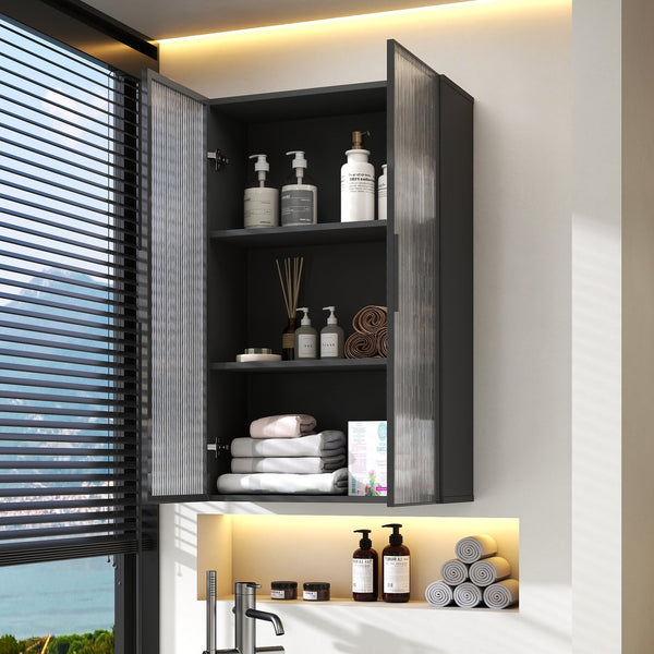 English Elm Wall Mounted Glass Door Cabinet Black Metal Frame Modern Storage for Bath or Kitchen W331P382347