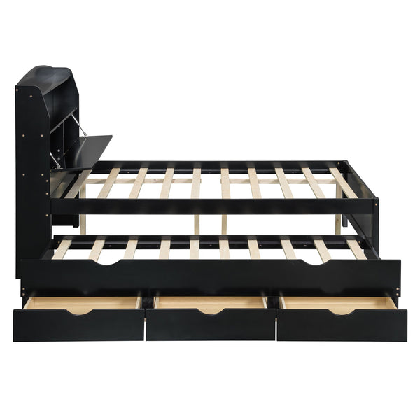 English Elm Full Size Wooden Led Platform Bed With Trundle, Storage Headboard & Usb Charging In Espresso Finish N820S10009D