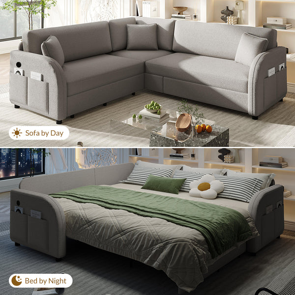 English Elm 85.1" Teddy Plush L-shaped Sectional Sleeper Sofa with Usb Ports and Pull Out Bed Light Grey W1885S00320