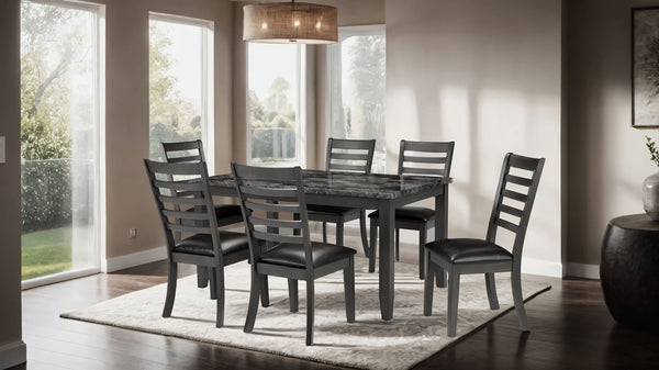 English Elm Simple Classic 7pc Dining Set with Faux Marble Top and Leatherette Chairs for Stylish Gatherings Dark Gray 64 L x 40 W x 15 H B2741P348915